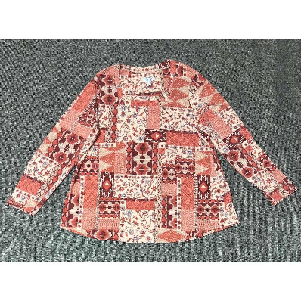 Denim & Co Women's 1X Top Patchwork Geometric Floral Long Sleeve Square Neck